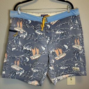 Patagonia Pataloha Swim Trunks Board Shorts Catamaran Boat Waves Print Sz 40